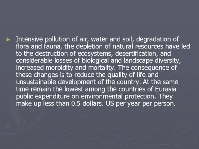 Intensive pollution of air, water and soil, degradation of flora and