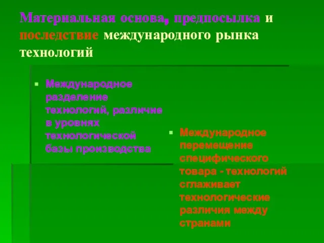 Материальная основа, предпосылка и последствие международного рынка технологий Международное разделение технологий,