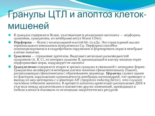 Гранулы ЦТЛ и апоптоз клеток-мишеней В гранулах содержатся белки, участвующие в