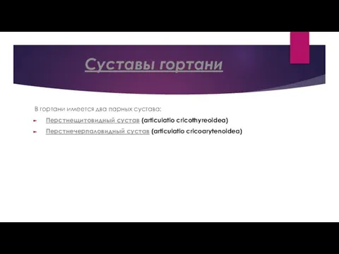 Суставы гортани В гортани имеется два парных сустава: Перстнещитовидный сустав (articulatio cricothyreoidea) Перстнечерпаловидный сустав (articulatio cricoarytenoidea)