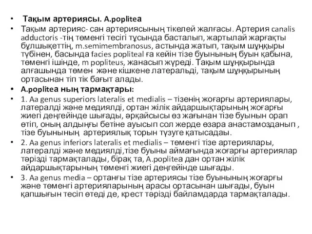 Тақым артериясы. A.popliteа Тақым артерияс- сан артериясының тікелей жалғасы. Артерия canalis