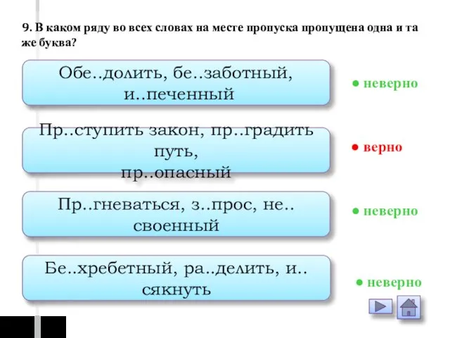 Обе..долить, бе..заботный, и..печенный Пр..ступить закон, пр..градить путь, пр..опасный Пр..гневаться, з..прос, не..своенный