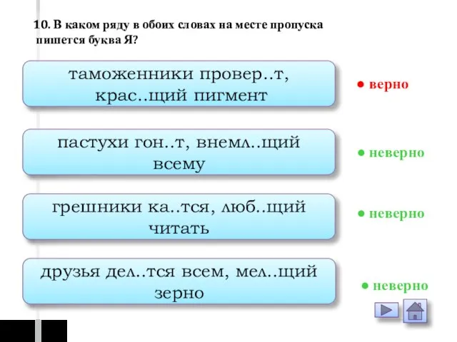 таможенники провер..т, крас..щий пигмент пастухи гон..т, внемл..щий всему грешники ка..тся, люб..щий