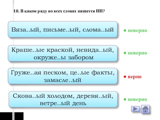 Вяза..ый, письме..ый, слома..ый Краше..ые краской, невида..ый, окруже..ы забором Груже..ая песком, це..ые