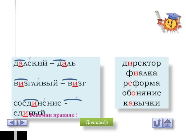 Безударные гласные в корне далекий – даль визгливый – визг соединение