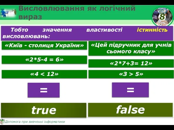 Висловлювання як логічний вираз Тобто значення властивості істинність висловлювань: «Київ -