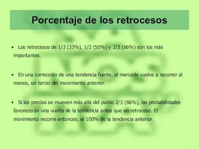 Porcentaje de los retrocesos Los retrocesos de 1/3 (33%), 1/2 (50%)