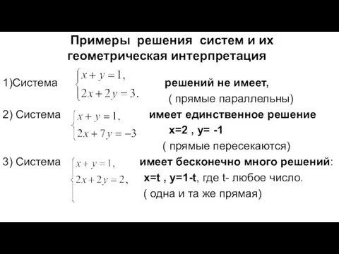 Примеры решения систем и их геометрическая интерпретация 1)Система решений не имеет,