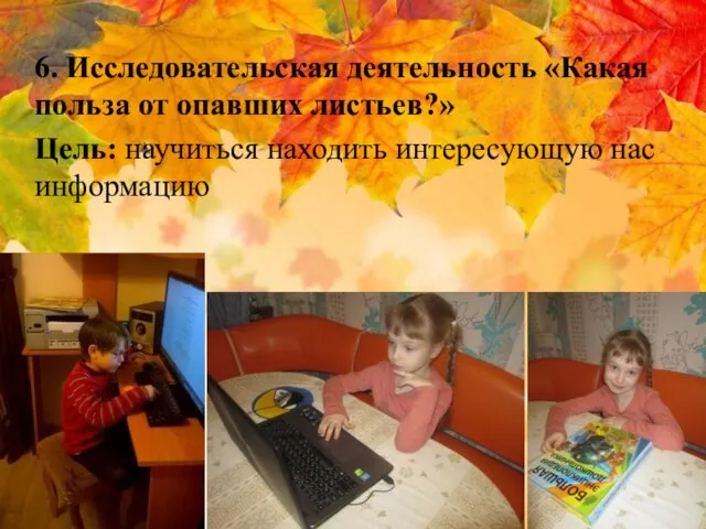 6. Исследовательская деятельность «Какая польза от опавших листьев?» Цель: научиться находить интересующую нас информацию