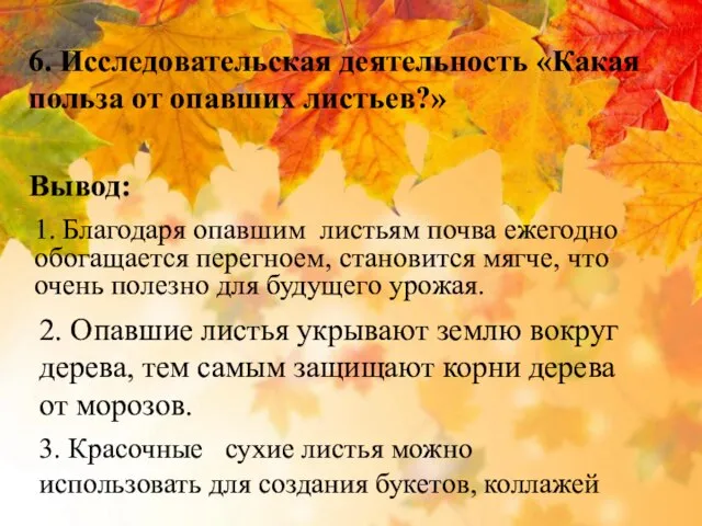 6. Исследовательская деятельность «Какая польза от опавших листьев?» Вывод: 1. Благодаря