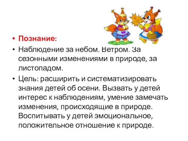 Познание: Наблюдение за небом. Ветром. За сезонными изменениями в природе, за