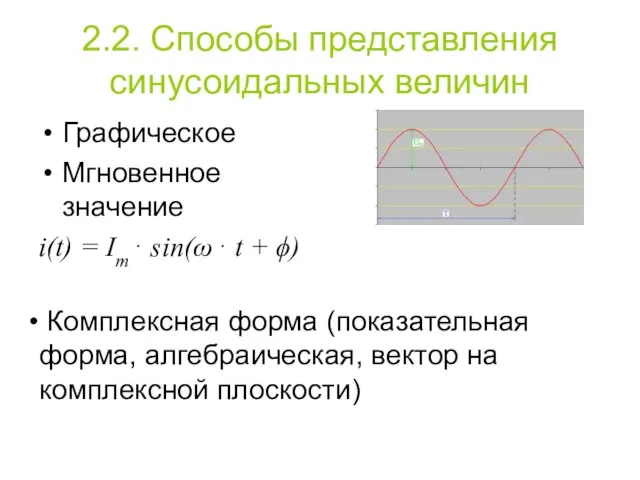 2.2. Способы представления синусоидальных величин Графическое Мгновенное значение i(t) = Im⋅