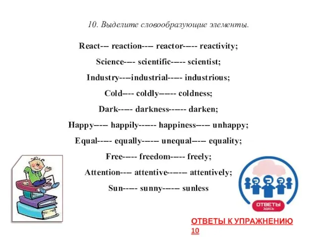 10. Выделите словообразующие элементы. React--- reaction---- reactor----- reactivity; Science---- scientific----- scientist;