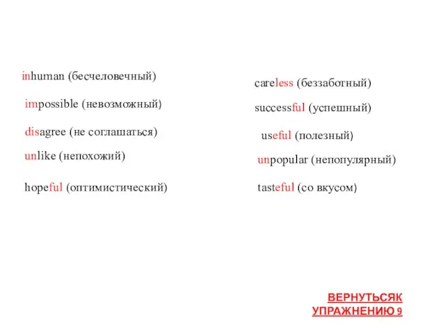 impossible (невозможный) disagree (не соглашаться) unlike (непохожий) hopeful (оптимистический) careless (беззаботный)