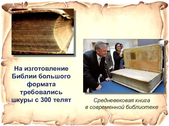 Средневековая книга в современной библиотеке На изготовление Библии большого формата требовались шкуры с 300 телят