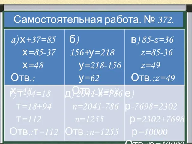 a) х+37=85 х=85-37 х=48 Отв.: х=48 б) 156+у=218 у=218-156 у=62 Отв.: