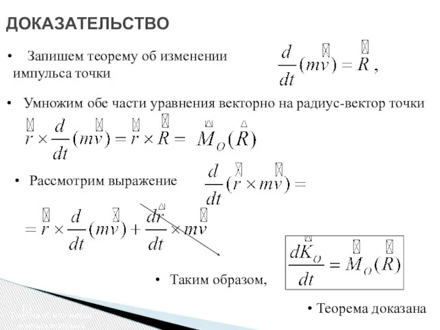 ДОКАЗАТЕЛЬСТВО Теорема об изменении момента импульса Запишем теорему об изменении импульса