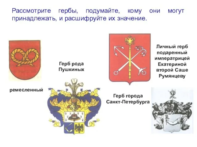 Рассмотрите гербы, подумайте, кому они могут принадлежать, и расшифруйте их значение.