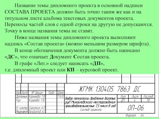 Название темы дипломного проекта в основной надписи СОСТАВА ПРОЕКТА должно быть