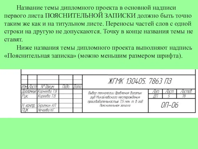 Название темы дипломного проекта в основной надписи первого листа ПОЯСНИТЕЛЬНОЙ ЗАПИСКИ