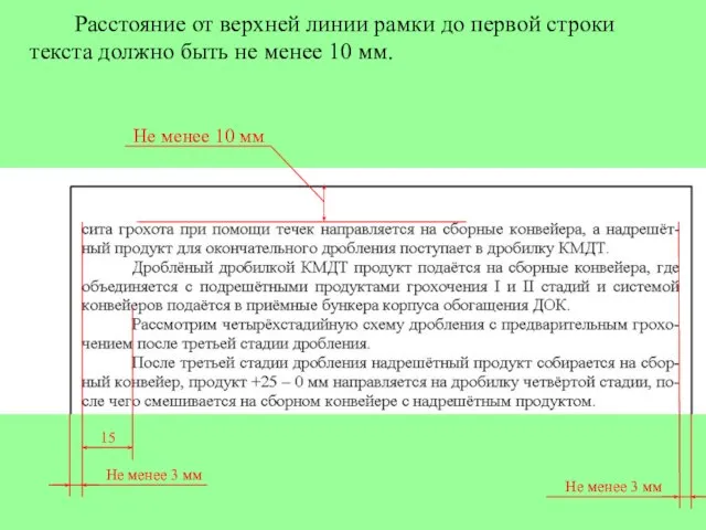 Расстояние от верхней линии рамки до первой строки текста должно быть