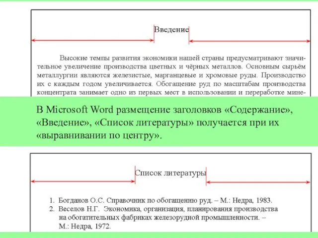 В Microsoft Word размещение заголовков «Содержание», «Введение», «Список литературы» получается при их «выравнивании по центру».