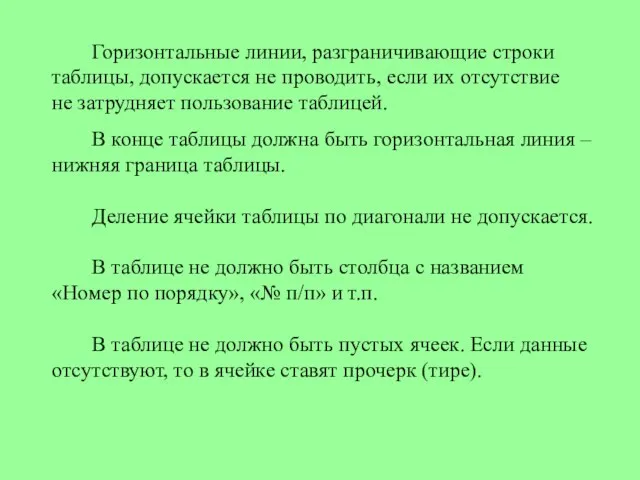 Горизонтальные линии, разграничивающие строки таблицы, допускается не проводить, если их отсутствие