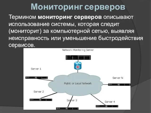 Мониторинг серверов Термином мониторинг серверов описывают использование системы, которая следит (мониторит)