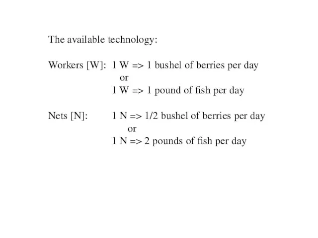 The available technology: Workers [W]: 1 W => 1 bushel of