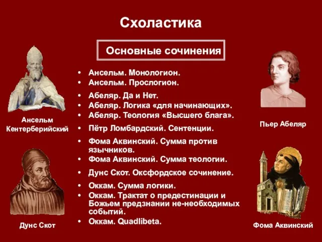 Схоластика Ансельм. Монологион. Ансельм. Прослогион. Абеляр. Да и Нет. Абеляр. Логика