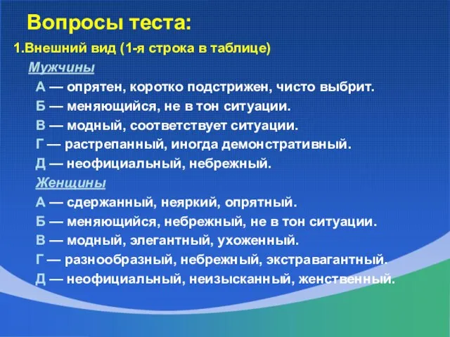 Вопросы теста: 1.Внешний вид (1-я строка в таблице) Мужчины А —