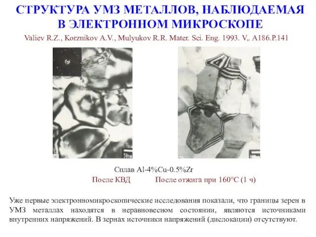 СТРУКТУРА УМЗ МЕТАЛЛОВ, НАБЛЮДАЕМАЯ В ЭЛЕКТРОННОМ МИКРОСКОПЕ Valiev R.Z., Korznikov A.V.,