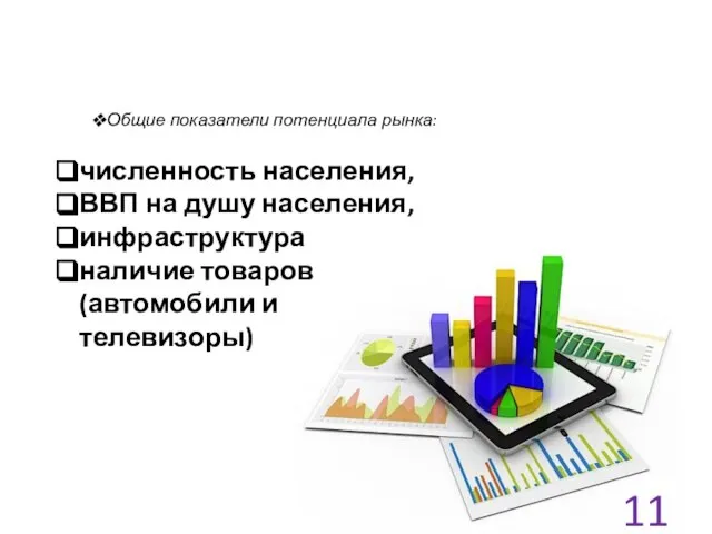 Общие показатели потенциала рынка: численность населения, ВВП на душу населения, инфраструктура наличие товаров (автомобили и телевизоры)