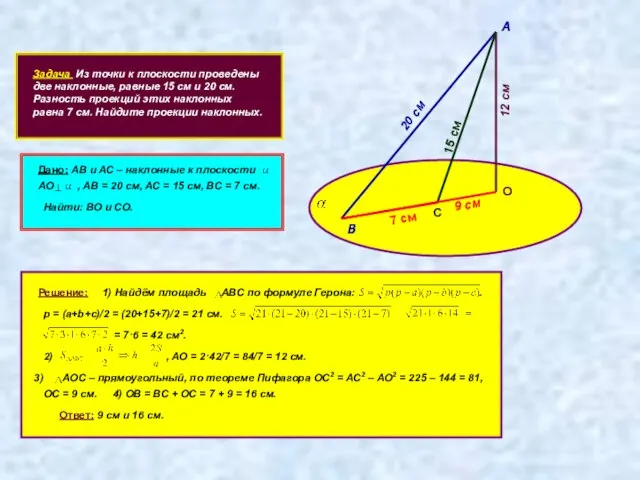Задача Из точки к плоскости проведены две наклонные, равные 15 см