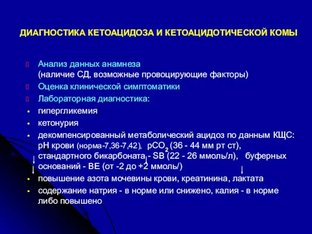 ДИАГНОСТИКА КЕТОАЦИДОЗА И КЕТОАЦИДОТИЧЕСКОЙ КОМЫ Анализ данных анамнеза (наличие СД, возможные