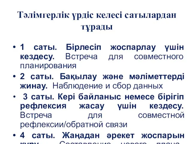 Тәлімгерлік үрдіс келесі сатылардан тұрады 1 саты. Бірлесіп жоспарлау үшін кездесу.