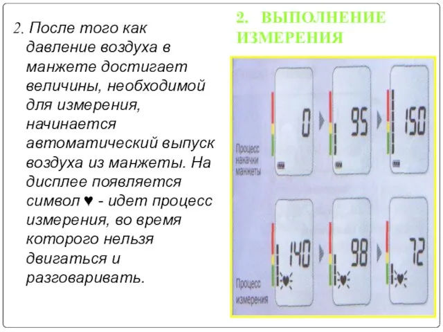 2. ВЫПОЛНЕНИЕ ИЗМЕРЕНИЯ 2. После того как давление воздуха в манжете