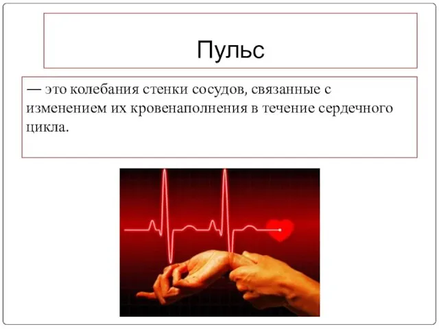 Пульс — это колебания стенки сосудов, связанные с изменением их кровенаполнения в течение сердечного цикла.