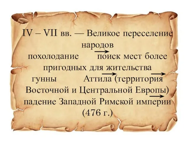 IV – VII вв. — Великое переселение народов похолодание поиск мест