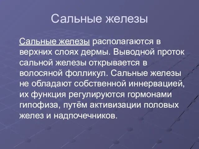 Сальные железы Сальные железы располагаются в верхних слоях дермы. Выводной проток