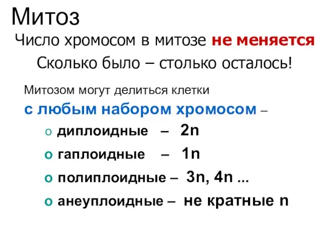 Митозом могут делиться клетки с любым набором хромосом – диплоидные –