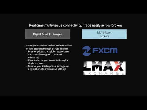 Real-time multi-venue connectivity. Trade easily across brokers Digital Asset Exchanges Multi-Asset