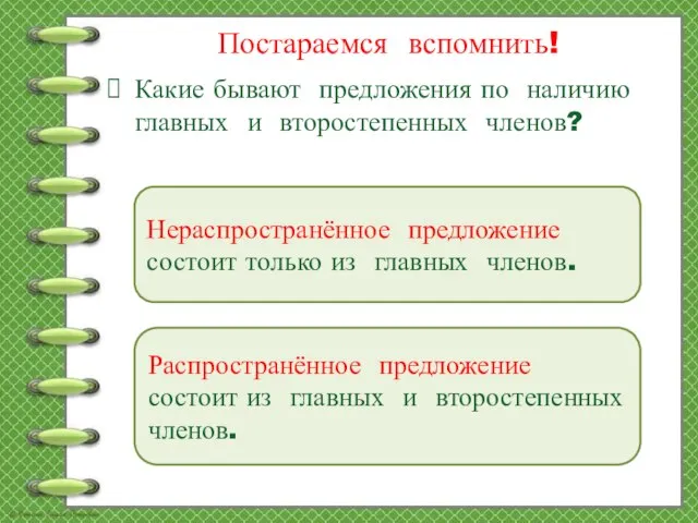 Постараемся вспомнить! Какие бывают предложения по наличию главных и второстепенных членов?