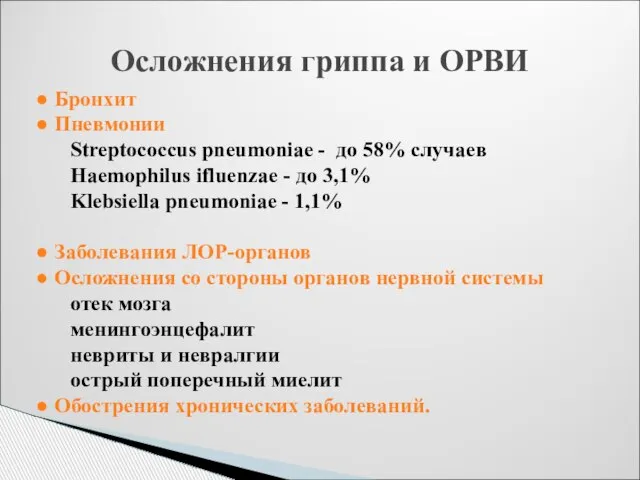 Бронхит Пневмонии Streptococcus pneumoniae - до 58% случаев Haemophilus ifluenzae -