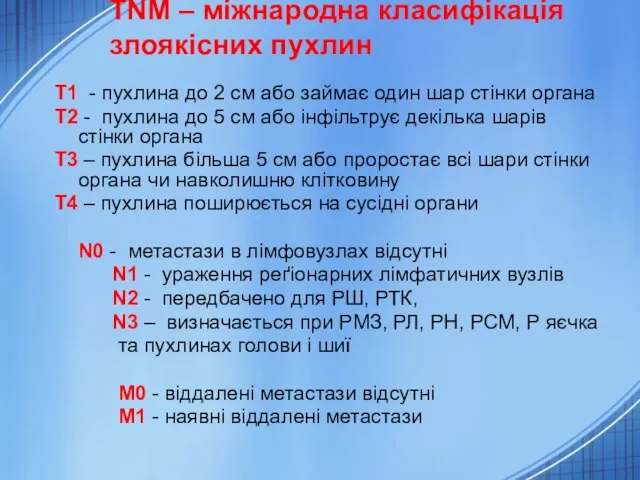 TNM – міжнародна класифікація злоякісних пухлин T1 - пухлина до 2