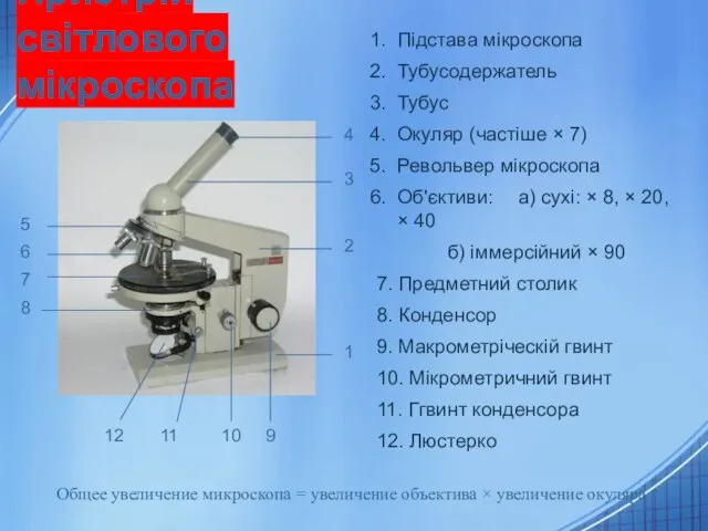 Пристрій світлового мікроскопа Підстава мікроскопа Тубусодержатель Тубус Окуляр (частіше × 7)