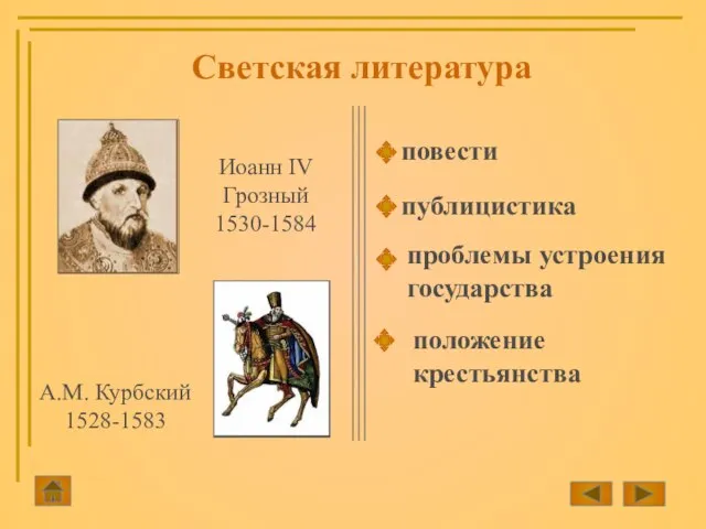 Иоанн IV Грозный 1530-1584 А.М. Курбский 1528-1583 Светская литература повести публицистика проблемы устроения государства положение крестьянства