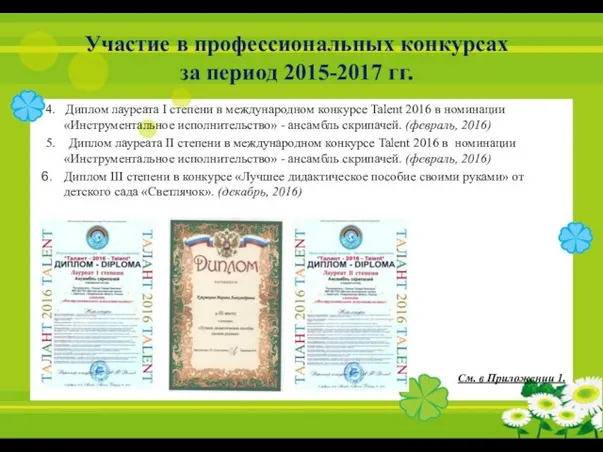 Участие в профессиональных конкурсах за период 2015-2017 гг. 4. Диплом лауреата