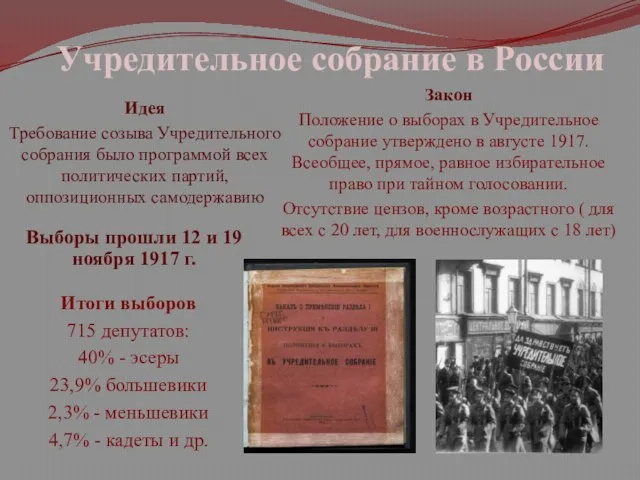 Учредительное собрание в России Идея Требование созыва Учредительного собрания было программой