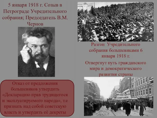 5 января 1918 г. Созыв в Петрограде Учредительного собрания; Председатель В.М.